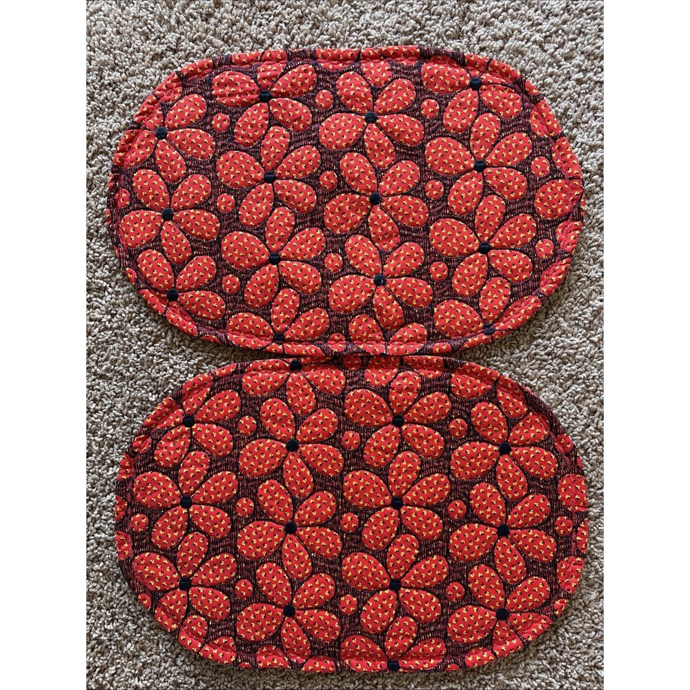 Lot Set of 2 Floral Flower Oval Quilted Vintage Retro Style Placemats 18x12"
